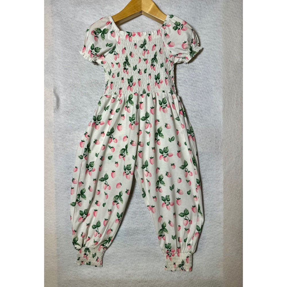 Sweet Honey Girls Strawberry Print Smocked Jumpsuit White Pink 4T NWT